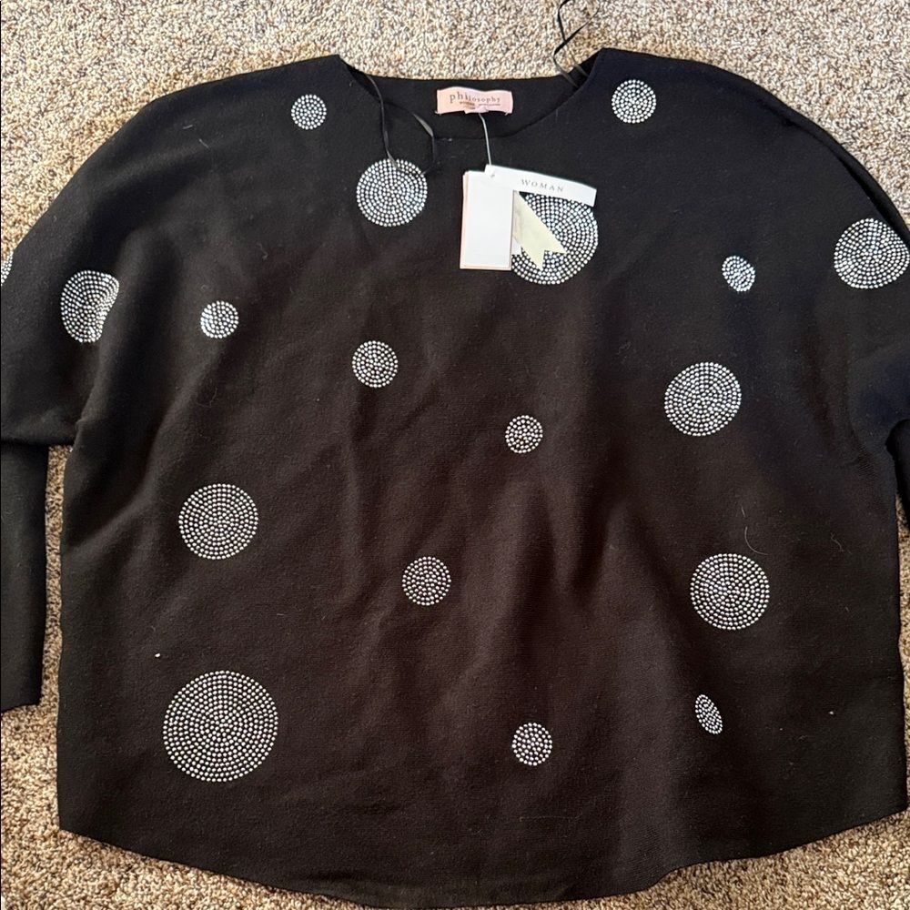 Philosophy Black Sweater with White Polka Dots 1X - Picture 1 of 3